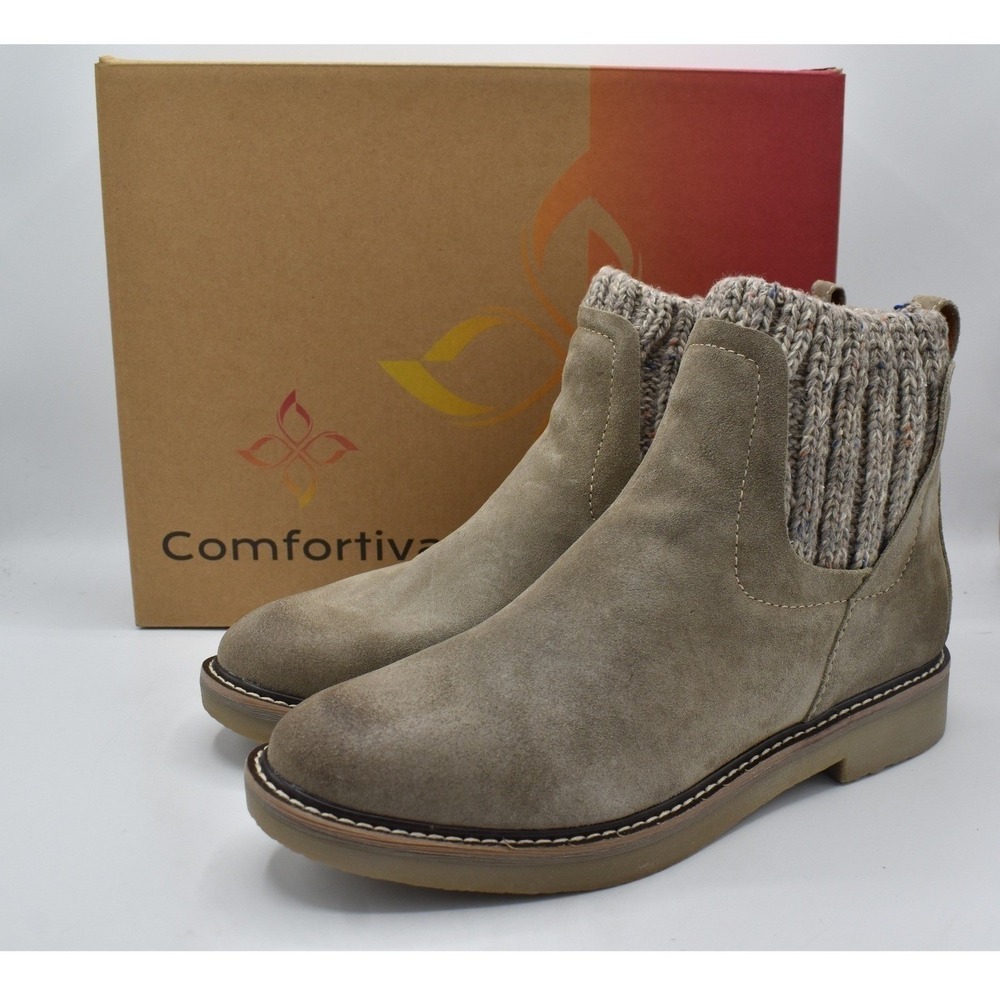 Comfortiva Rawnie Ankle Boots Women 10 Light Taupe NEW Suede Knit Collar Shoes